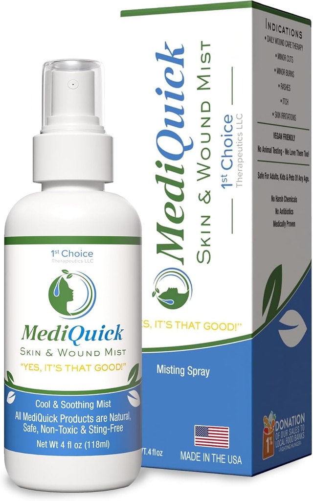 MediQuick Antiseptic Spray Mist 4 Fl Oz | Hud & Sår Repair First Aid Spray för Burns & Cuts med 12 timmars åtgärd | Hjälper till att läka Acne Rash Eczema Itch Bites & More | Säkert sårtvätt med ingen Sting