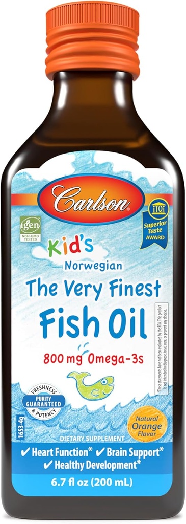 Carlson - Kid's The Very Finest Fish Oil, 800 mg Omega 3s, Norwegian, Ilgspējīgi Iegūts, Orange, 200 ml