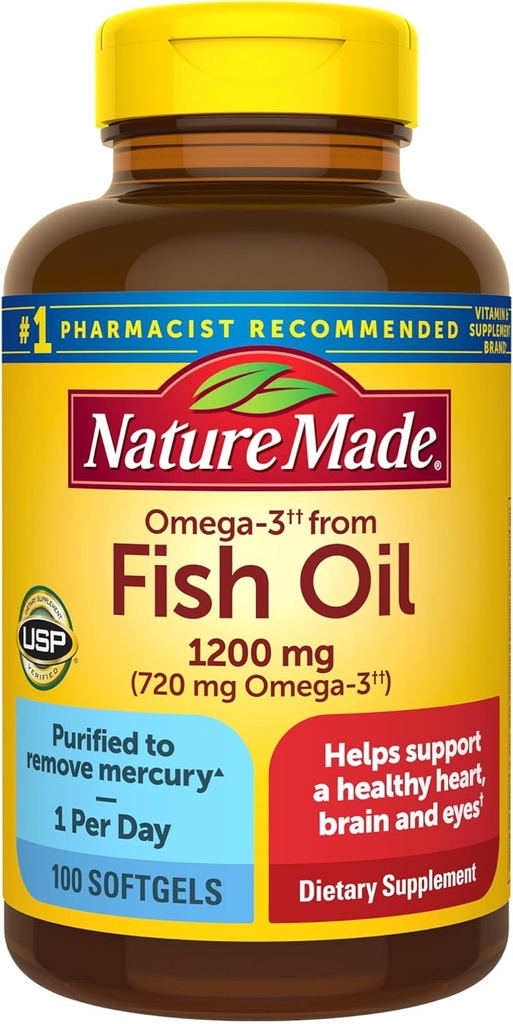 Nature Made Fish Oil Omega 3 Supplements, Omega 3 Fish Oil som Ethyl Esters 1200 mg Softgels, EPA DHA Supplement för hälsosamt hjärta, hjärna, ögonstöd, en per dag, 100 Softgels
