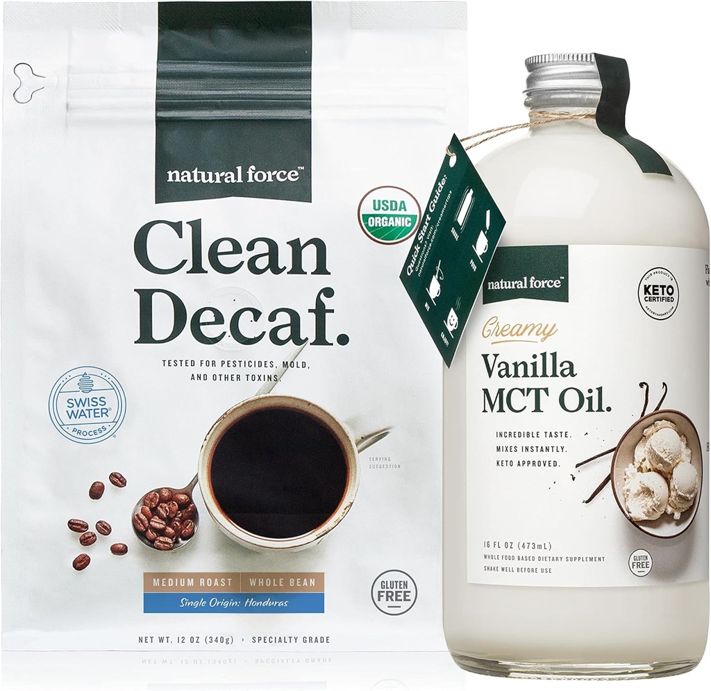 Natural Force Organic Clean Decaf Coffee + Creamy Vanilla MCT Oil Bundle - Flavored MCT Creamer & Mold & Mycotoxin Free Coffee - Non-GMO, Keto, Paleo, and Vegan - 12 Oz Bag и 16 Oz Glass Bottle