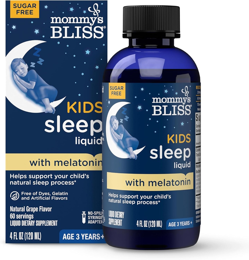 Els nens de la mama dormen el Liquid amb Melatonin i curen Herbs supports El procés de dormir natural per als infants 3 anys i el 1rifó Grape Flavor Sugar Freez 4 Guz (60 Servings)