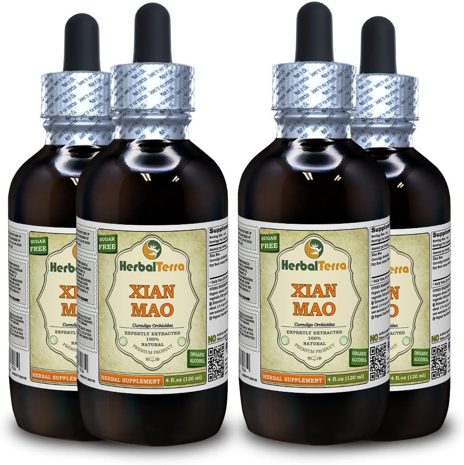 Xian Mao, Curculigo (Curculigo Orchioides) Tintura, Extrato Líquido de Raiz Secada Orgânica (Nome da Marca: HerbalTerra, Feito orgulhosamente nos EUA) 4x4 fl.oz (4x120 ml)