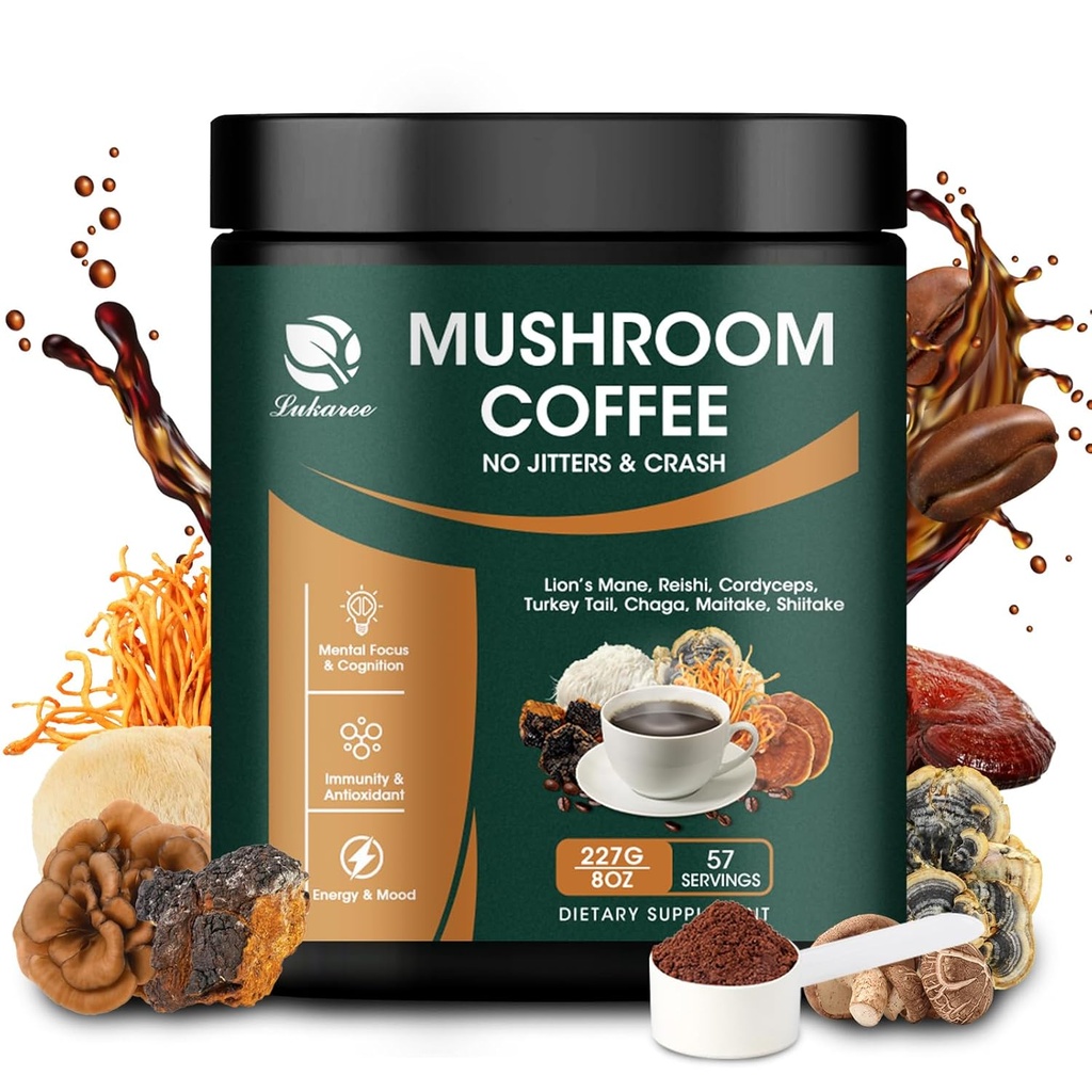 Café de seta de Lukaree 14 en 1 Café de seta instantáneo Arabica Cafetera Polvo de seta con león Mane, Reishi, Chaga, Cordyceps, Shiitake, Maitake, Turquía Tail for Focus Energy Immunity 8 oz (227g)