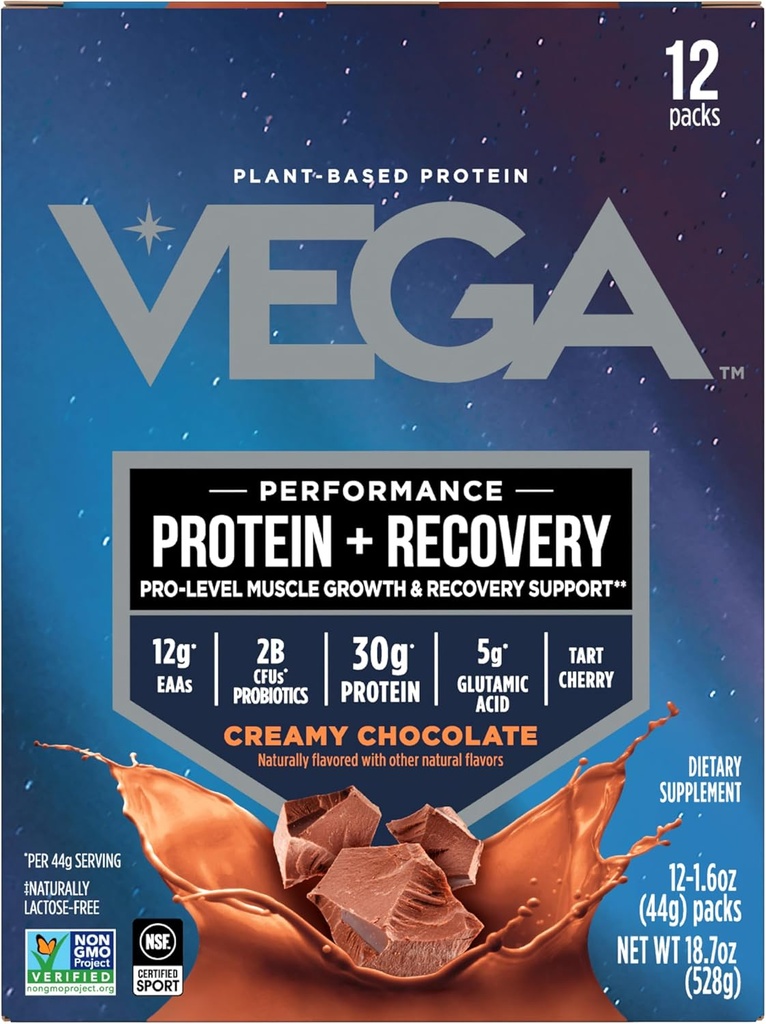 Vega Protein + Recovery - 30g Landareetan oinarritutako proteina zerbitzatuko, txokolatea, 12 x 1.6oz Sachets, 5g BCAAs, Probiotikoak, NSF Certified, Shakes & Smoothies-entzako (Maiatzaren Vary-a prestatzen)