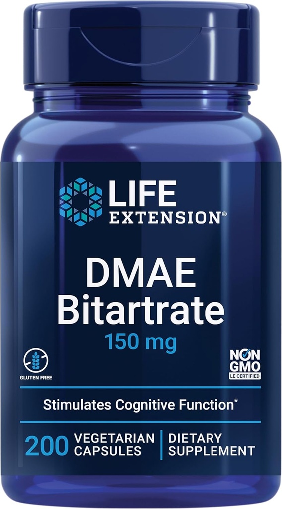 Prolungamento della vita DMAE Bitartrate, Supporta la produzione di neurotrasmettitore, Alimentazione di 6 mesi, Senza glutine, Non OGM, Vegetariano, 200 capsule