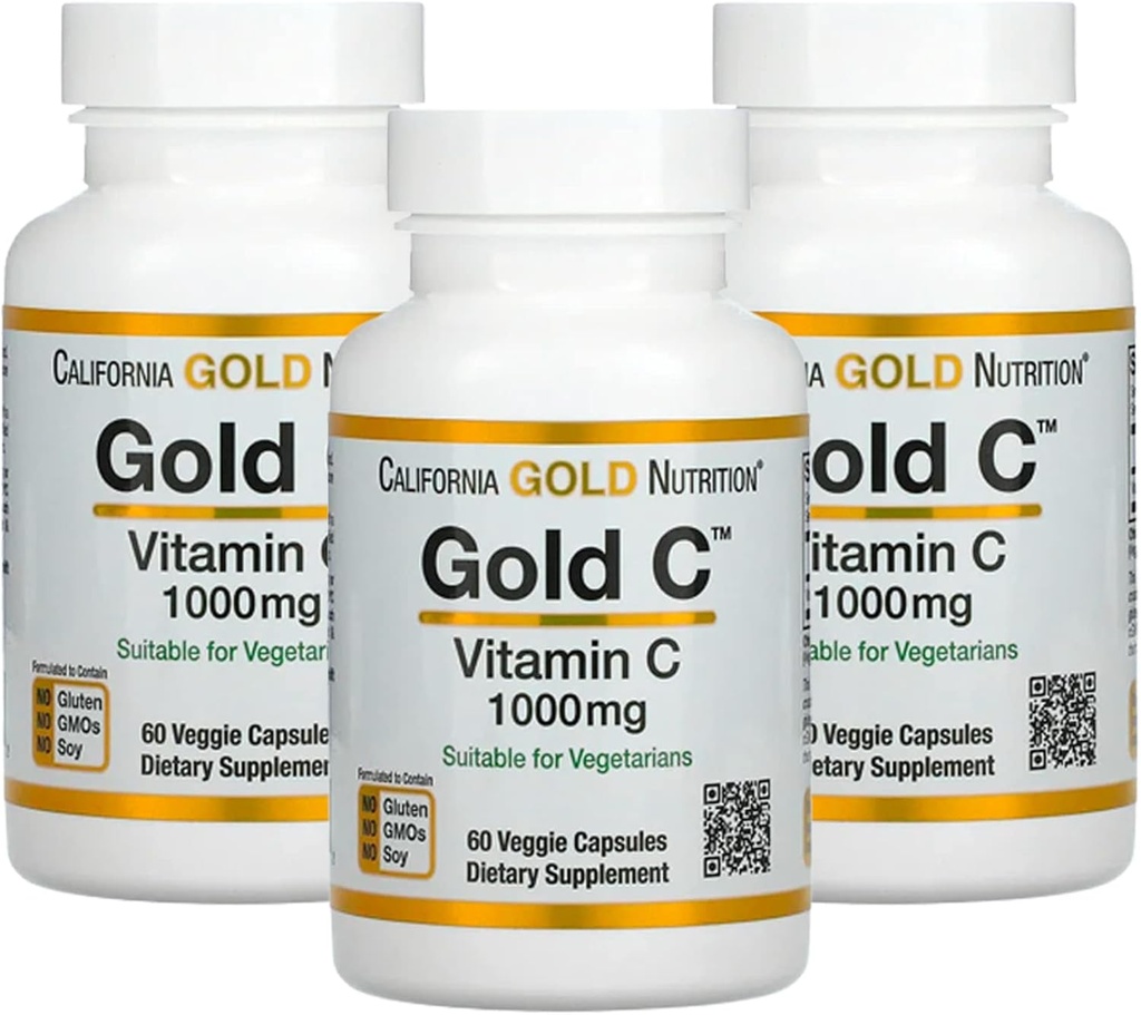 Gold C by California Gold Nature - USP Vitamin C 级补充品 - 免疫支持和季节性健康 - 蔬菜友好 - Gluten Free,非GMO - 1000 mg - 60 Veggie Capsules, 3 Pack