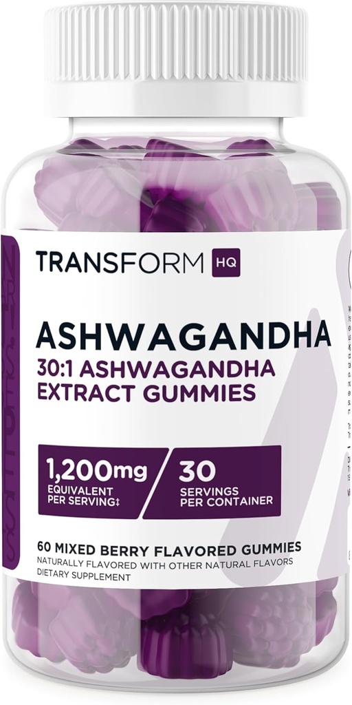 TransformHQ Ashwagandha Gummies 1200mg, 60 Gummies (segatud marjamaitse) - Ashwagandha taimse ekstrakti täiendus - 30 Servings, Gluteenivaba, Non-GMO