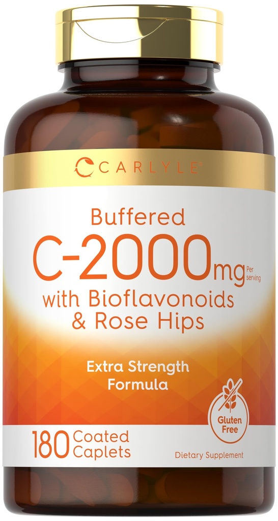 Carlyle Buffered Vitamin C | 2000mg | 180 Caplets | with Bioflavonoids and Rose Hips | Vegetarian, Non-GMO, and Gluten Free Supplement
