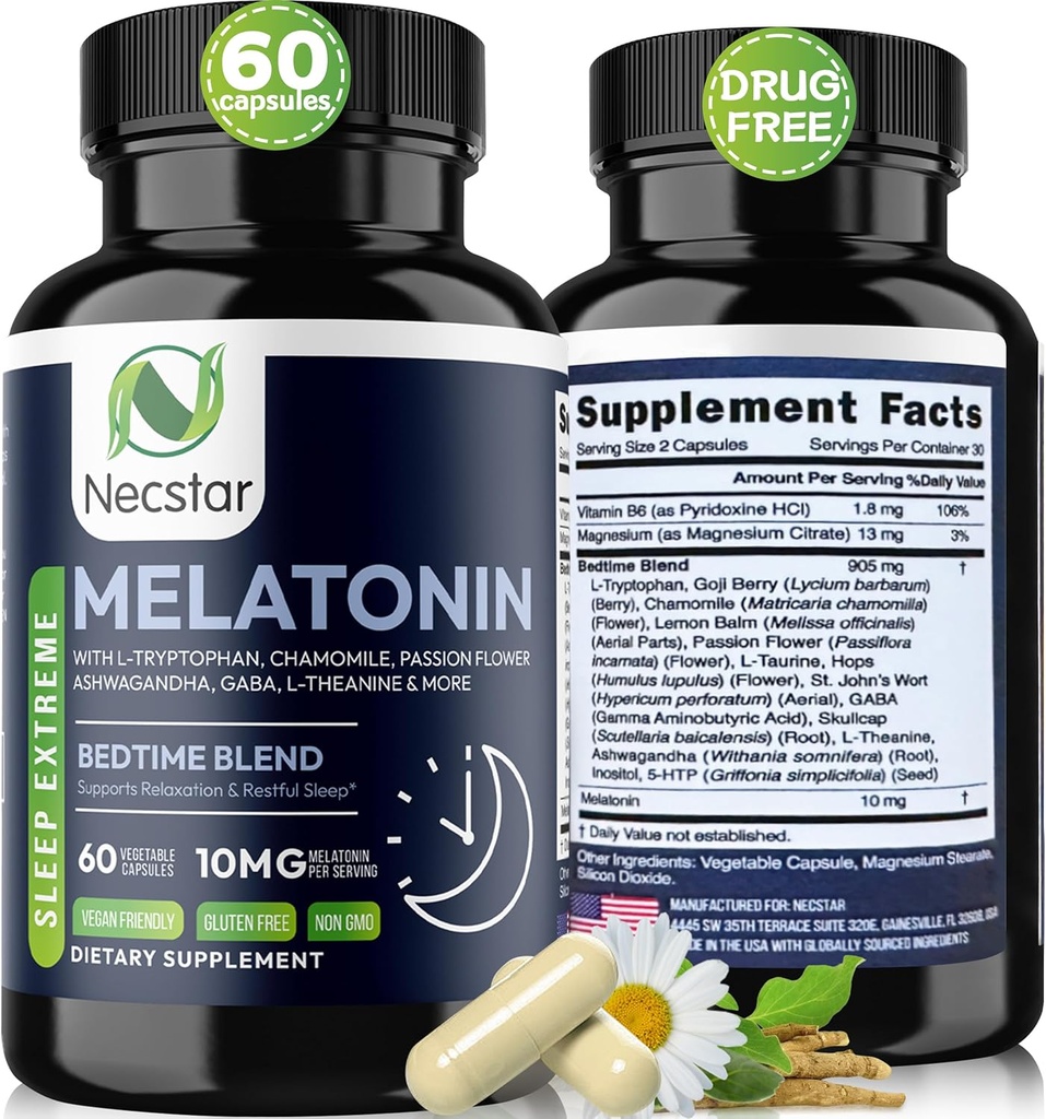 Necstar Melatonin 10mg, sleep Aid for Adults, Extra Strength with Ashwagandha, Magnesium, L-Theanine, GABA, Lemon Balm and Chamomile sleep Support supplement, Vegan, Non-GMO, Gluten-Free, 60 Capsules