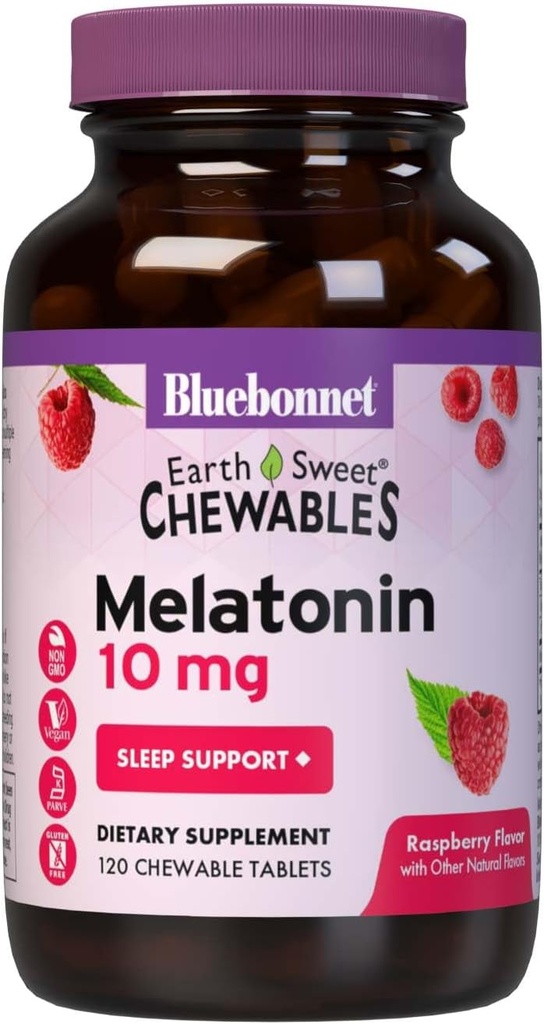 BlueBonnet Nutrition EarthSweet Melatonin 10 mg Fast-Acting Quick Dissolve Nighttime Relaxation & Restful Sleep Support - Schlafhilfe - Glutenfrei, Vegan - Raspberry Flavor - 120 Chewable Tablets