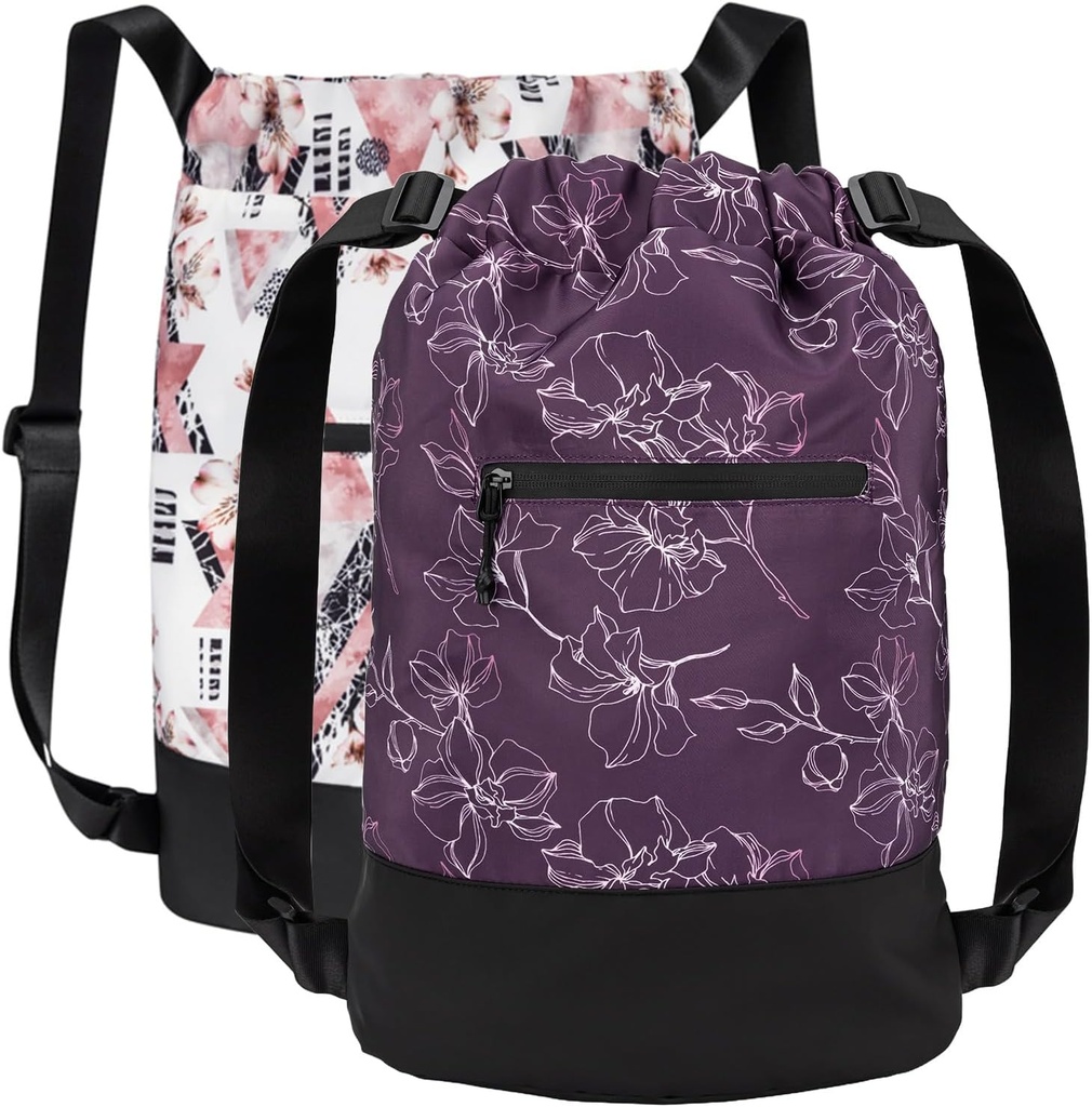[2-Pack] Flex Cinch Drawstring Gym Bag for Women with Graphic Designs | Durable Lightweight Gym Cinch Bags | Great for Gym Bag, Traveling, and Overnights