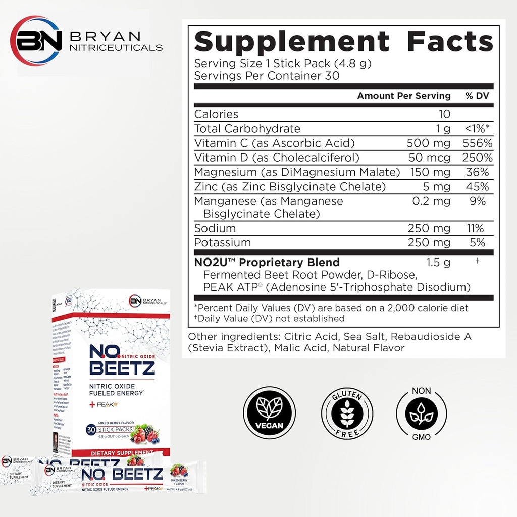 N.O. Beetz Nitric oksigen Energy Boost Ekspert, Hydration & Cellular Energy Production Advancedr, Vitaminlər və Minerallərin birləşdirilməsi (30 Xidmət)