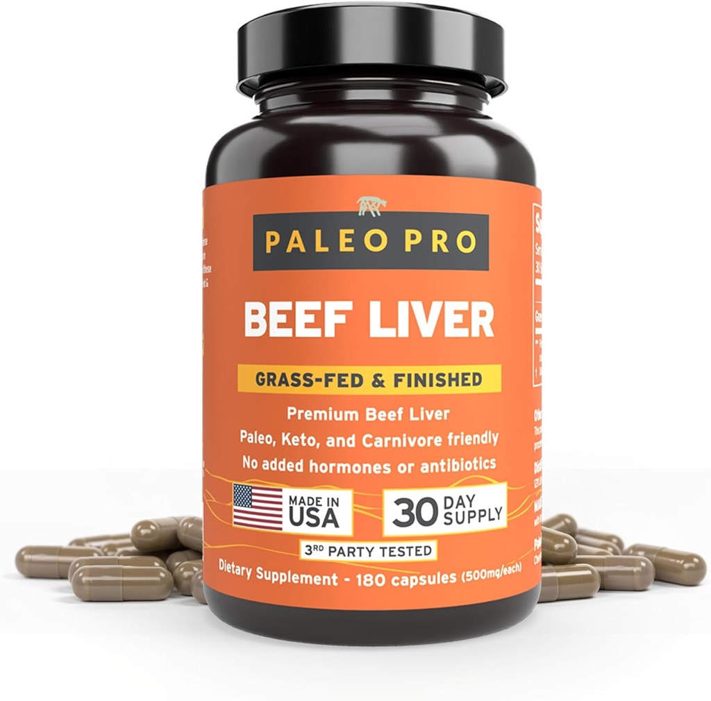 Paleo Pro Liver Gold Premium Beef Organs Capsules, Premium Beef Liver von Grass Fed & Pastured Cows in Neuseeland, Nahrungsergänzung, No Gluten oder Soy, 180 Kapseln