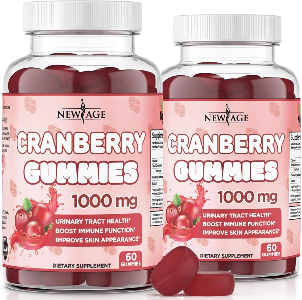 New Age Cranberry Gummies Urin Tract Health Gummies 1000mg - Støtter Blader, Nyre, UTI - Vegetarian (Cranberry 120 Count)