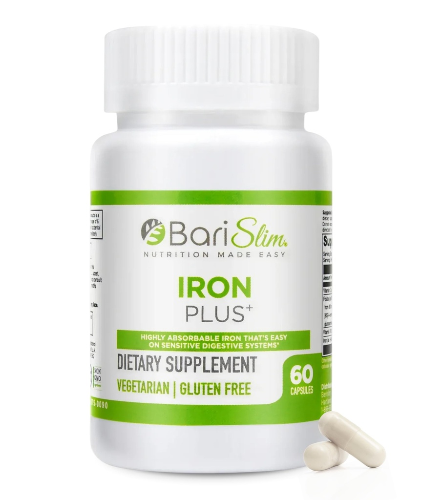 BariSlim Iron Plus Capsules - Formulated for Patients After Weight Loss Surgery Including Gastric Bypass & Gastric Sleeve – Easy Digestion & Comprehensive Health Support | 2 Month Supply (60 Servings)