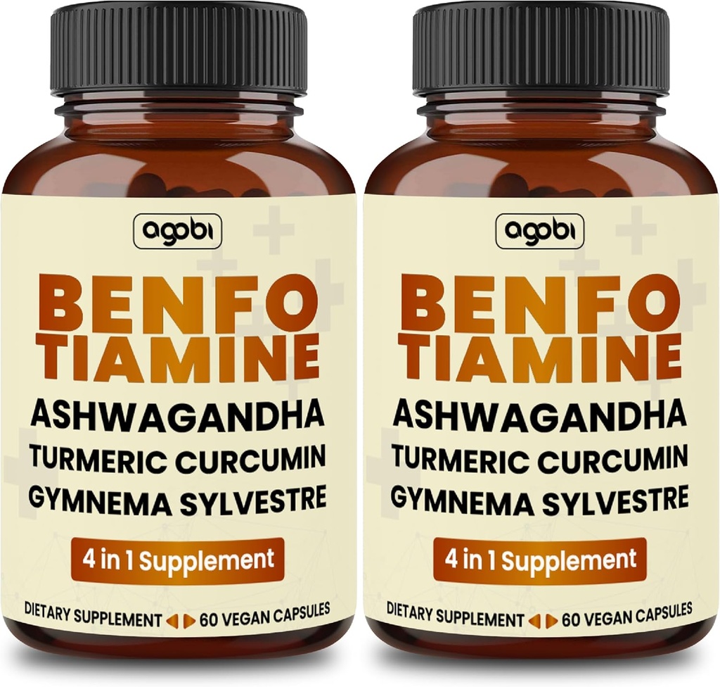 Benfotiamine 600mg Supplement - 2 Months for Digestive System, Energy Production & Immune - Blended Turmeric Curcumin Root, Ashwagandha Root & Organic Gymnema Sylvestre - 2 Packs of 60 Capsules