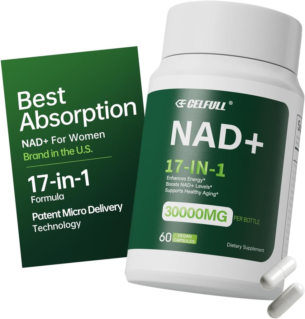 CELFULL NAD Supplemento per le donne NMN Alternative Resveratrolo,Nicotinamide Riboside,Quercetin-NAD+ Boosting per l'energia cellulare antiinvecchiamento &Stamina-30000mg/Bottle
