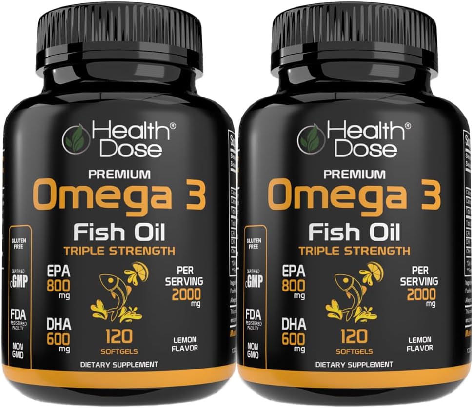 Dawka zdrowotna Omega 3 Olej rybny - Lemon-Flavored Softgels z EPA & DHA na mózg, serce i Wellness Support - Easy- to- Digest, No Fish Burps - 120 Softgels, Opakowanie z 2