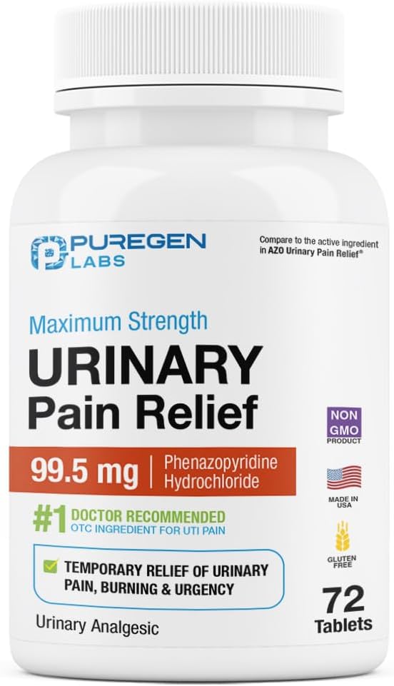 Puregen Labs Urinary Pain Relief | Phenazopyridine HCl 99.5mg compresse | OTC di massima resistenza per il sollievo veloce del dolore UTI, bruciore e disagio della vescica – 72 conteggi Tablet