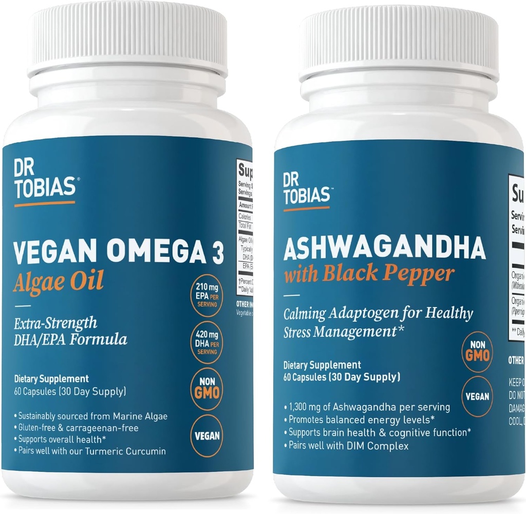 Д-р Тобіс Веган Омега 3 Algae Oil and Ashwagandha Capsules, Підтримує стійкість, Імунне здоров'я, і загальне благополуччя, Не-GMO, Vegan