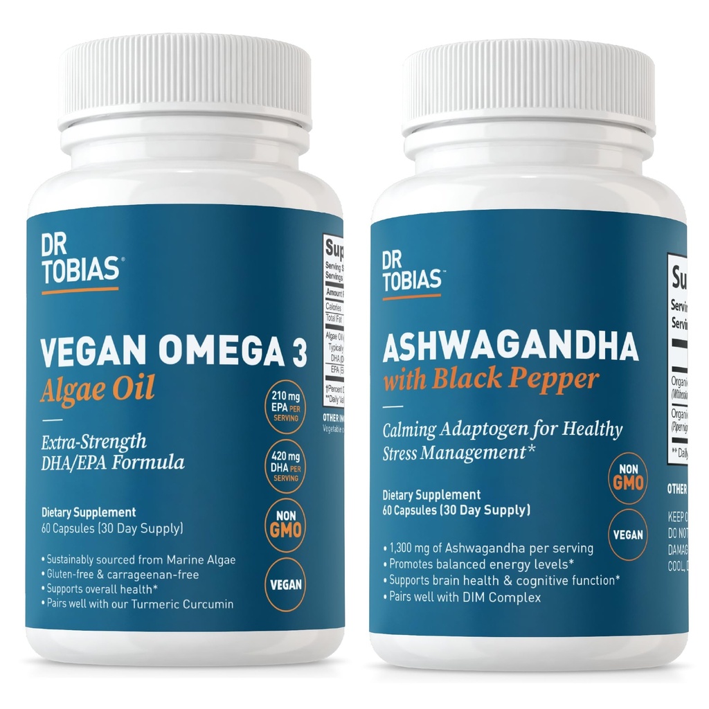 Dr. Tobias Vegan Omega 3 Algae Oil and Ashwagandha Capsules, Supports Resilience, Immune Health, and Overall Wellness, Non-GMO, Vegan