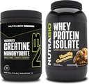 NutraBio Creatine Monohydrate, Unflavored, 300g eta Whey Protein isolatuak, Vanilla Caramel, Bundle osagarria - Muscle Energy, Lean Muscle Growth, Recovery eta Indarra