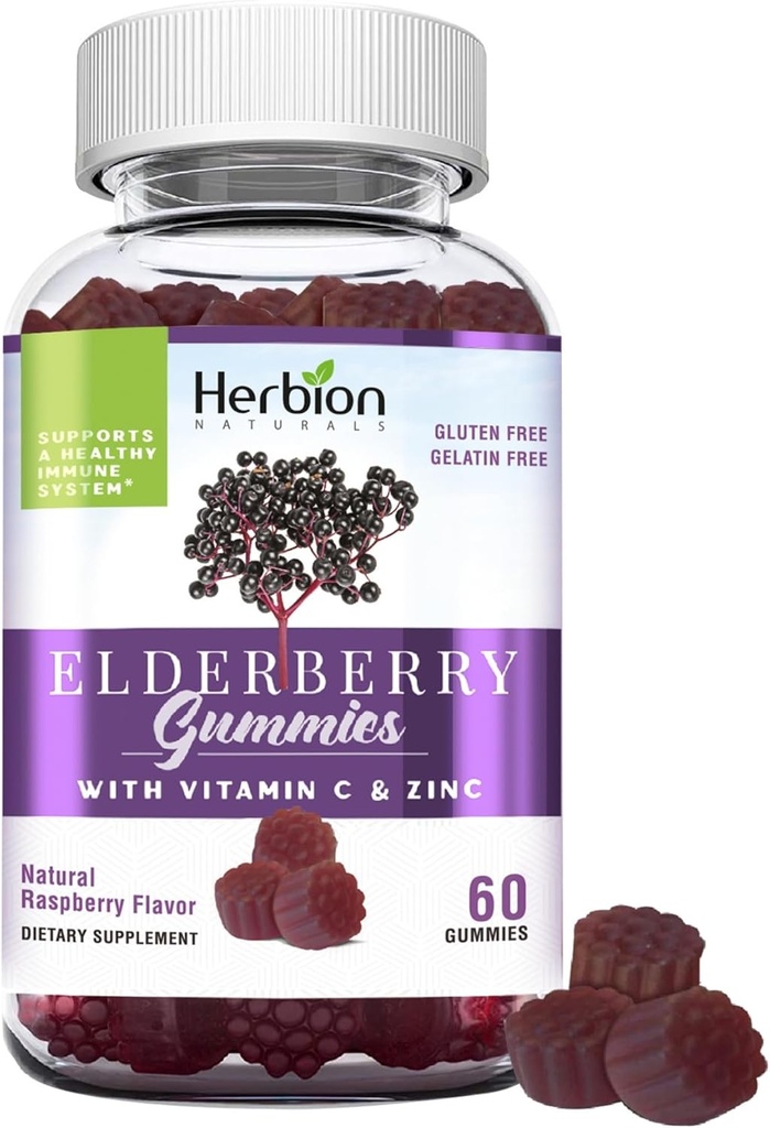HERBION Elderberry Gummies з вітаміном С та цинком - Підтримка системи охорони здоров'я - Gluten-Free & Gelatin-Free - 60 Gummies для дорослих та дітей 4 років і вище - Виготовлено в США, 60 граф (Pack of 1)