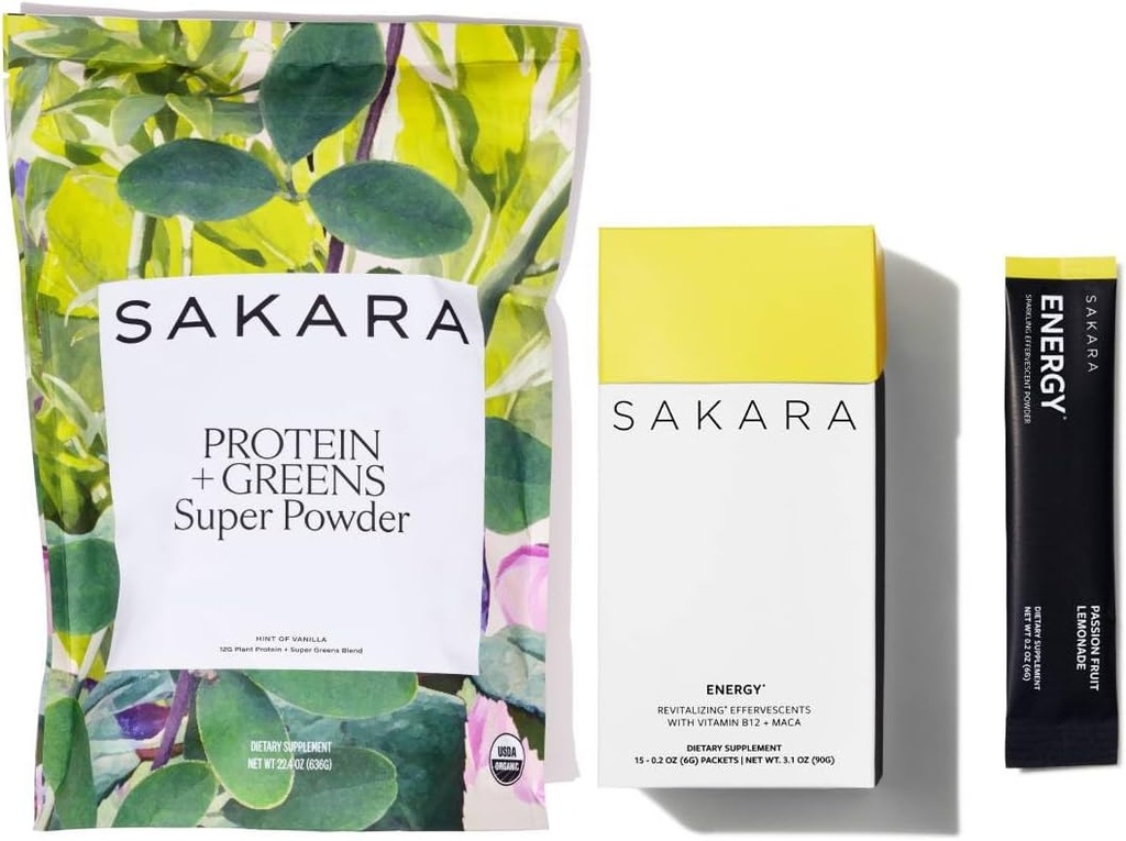 SAKARA Protein + Green Super Powder i Energia Efervescent - Protein Proteder & Verds Powder, Refined Sugar Free Elecytes Powder