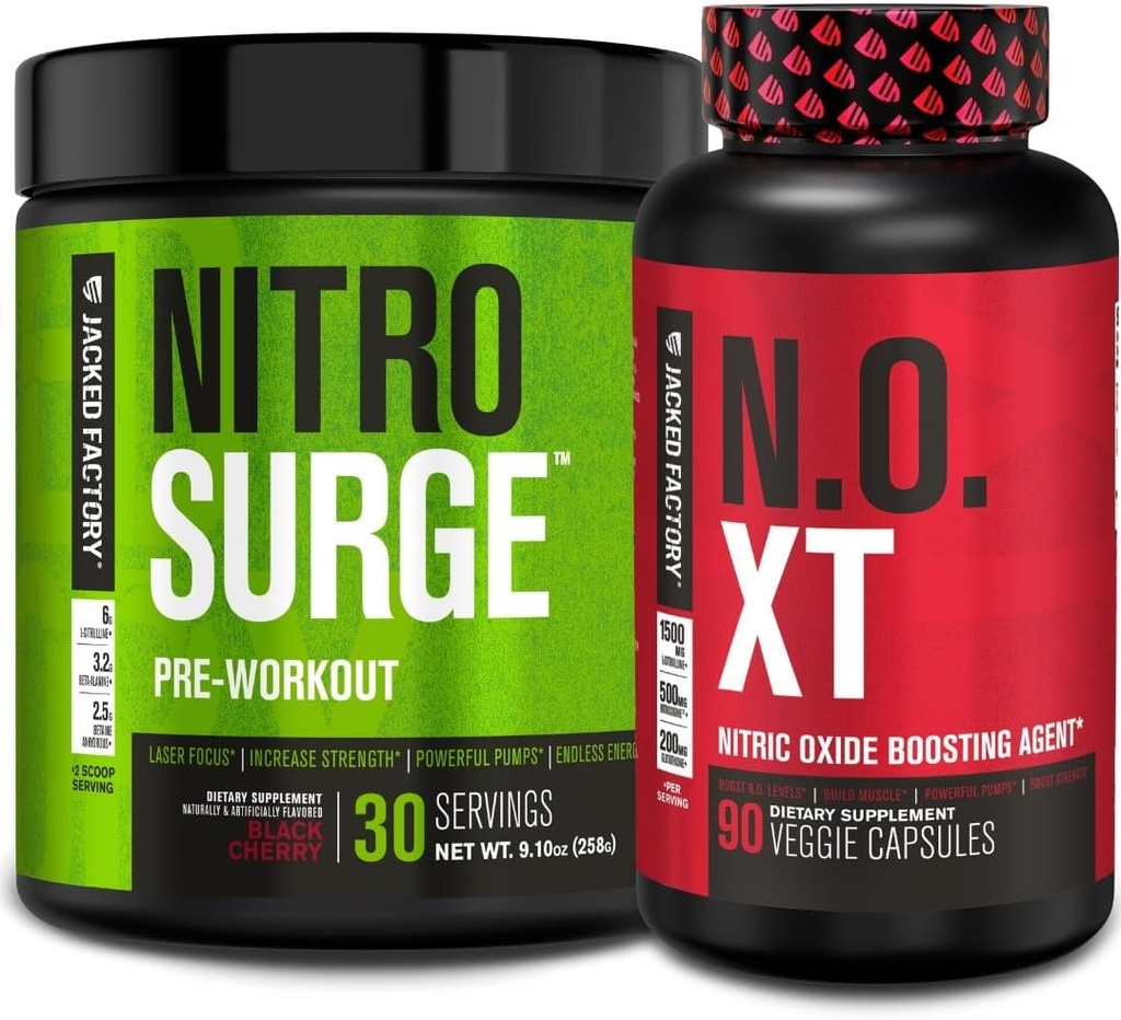 Jacked Factory Nitrosurge Pre-Workout en Black Cherry & N.O. XT Nitric Oxide Booster para homes e mulleres