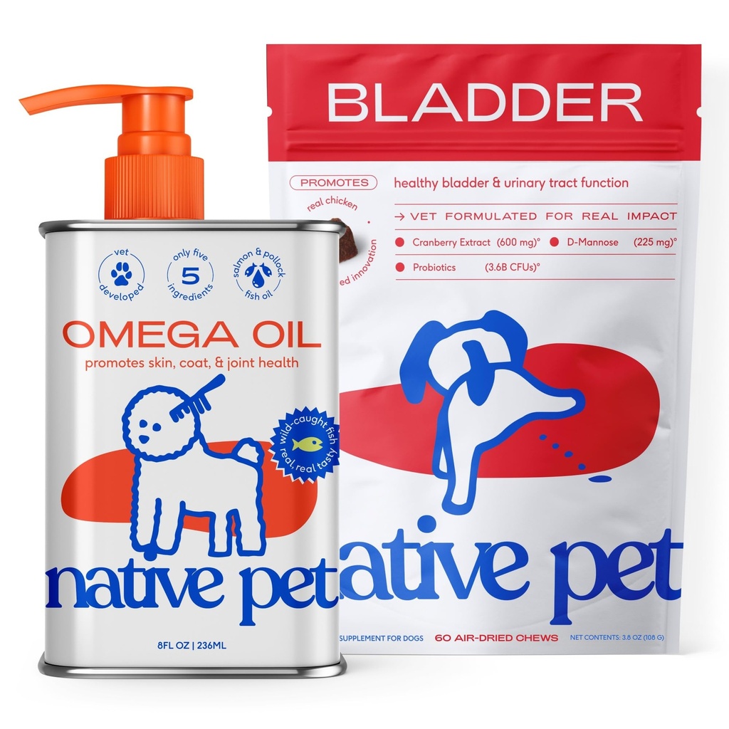 Native Pet Dog UTI Treatment Over The Counter & Fish Oil for Dogs to Support Itchy Skin + Mobility | 60 Chews & 8 Oz