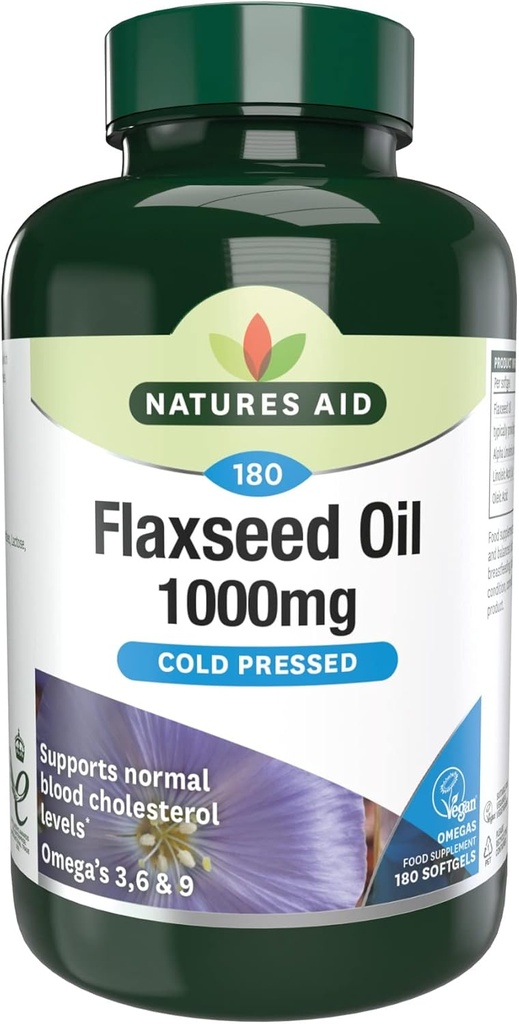 Natures Aid Flaxseed Oil 1000mg Cold Pressed (Omega 3, 6 + 9) 180 капачки. Подходящ за вегетарианци.
