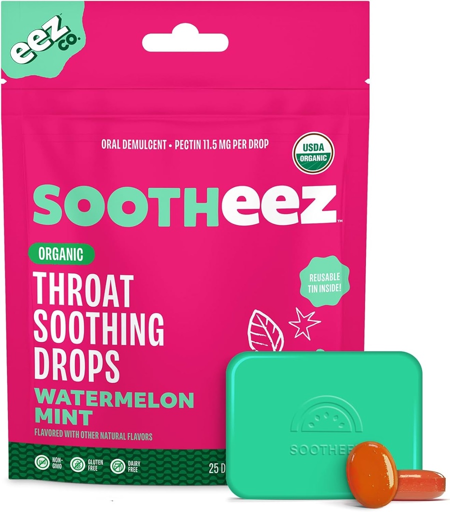 Sootheez Organic Throat Soothing Drops felnőtteknek, Görögdinnye Menta, 25 Count, Refillable, Great Tasting Drops That Sooth Sore Throats