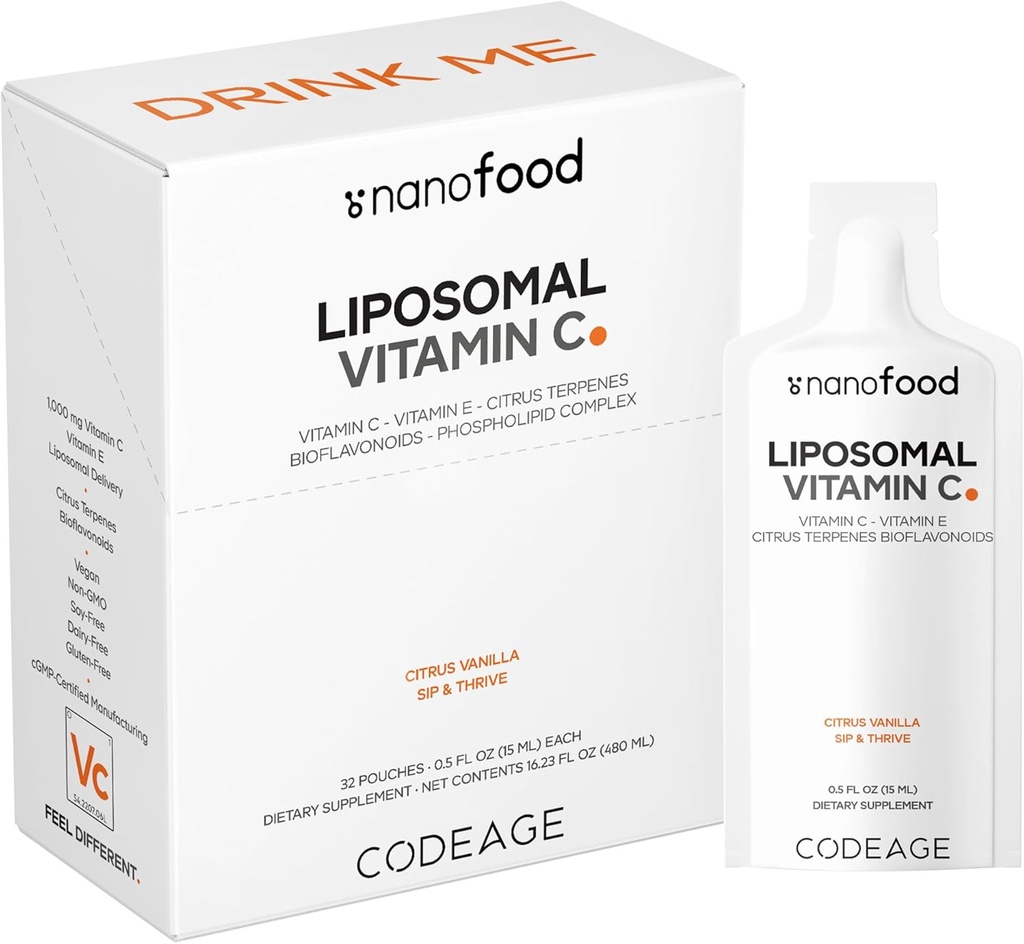 Codeage Liposomal Vitamin C Liquid 1000mg Vitamin C, 4000mg Essential Phospholipids, Supplement For Daily Immune Support, Liposomes For Absorption, Citrus Bioflavonoids, Vitamin E, Non-GMO, 32 Pouches