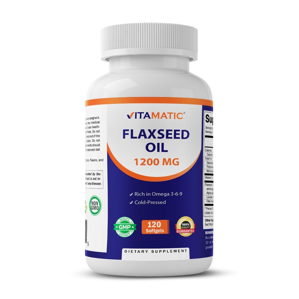 Vitamatic Flaxseed Oil 1200 mg, Omega 3-6-9, 120 Softgels | Cold Pressed, Support Vascular, Healthy Skin & Hair, and Joint Support, Non-GMO, Gluten Free