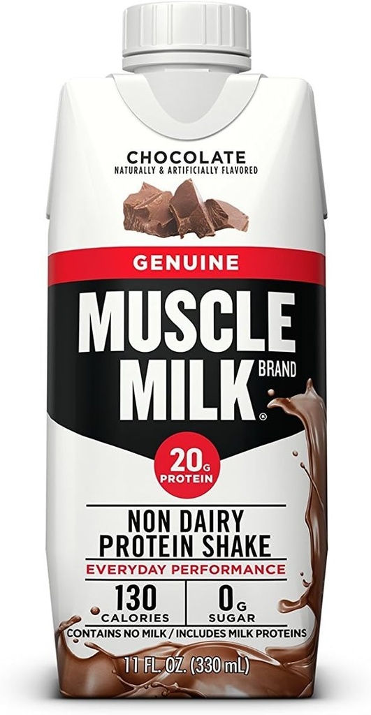 Muscle Milk Genuine Protein Shake, Chocolate, 11 Fl Oz Carton, 12 Pack, 25g Protein, Zero Sugar, Calcium, Vitamine A, C & D, 5g Fiber, Energizing Snack, Workout Recovery, Packaging May Vary