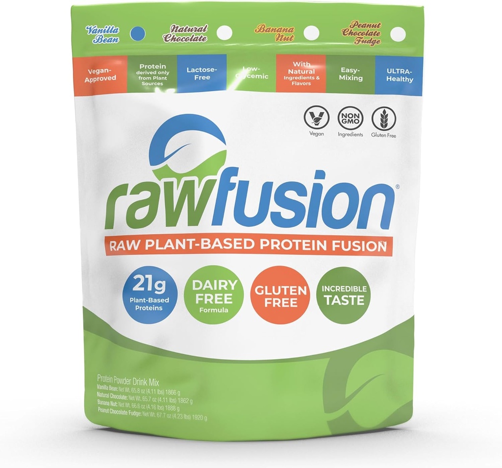Rawfusion- Vegansk Protein pulver, Vanilla Bean - 60 Serveringer 21g Plantebasert protein, Lav netto karbohydrater, ikke-dampende, Gluten/Laktosefri, Soya Free, Kosher, Ikke-GMO, 4lbs Pound