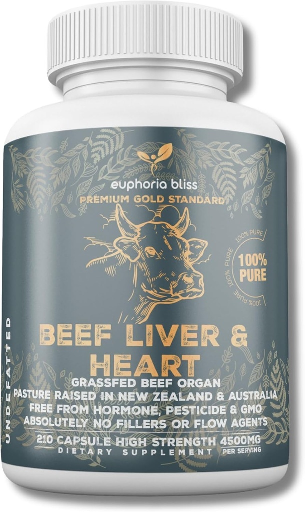 Grass Fed Beef Liver & Heart Capsules | 210 Quick Release Capsules (750mg bakoitzak) Desiccated Beef Liver & Heart Supplement | Non-GMO