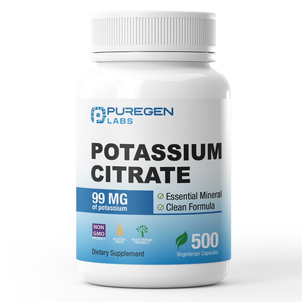 Puregen Labs Potassium Citrate 99 mg of Elemental Potassium Supplement | No Harmful Additives | Non-GMO, Gluten Free - 500 Vegetarian Capsules