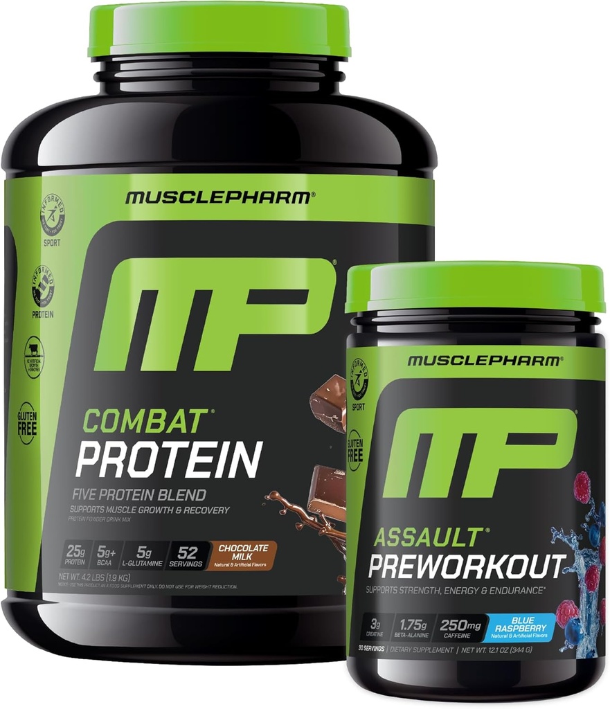Muscle Pharm Combat 4lb Chocolate Protein e MusclePharm Assault Blue Raspberry Pre-Workout