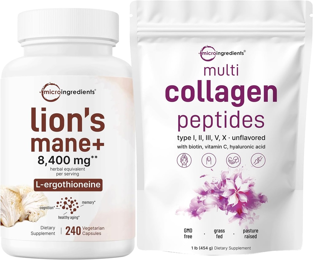 Micro Ingrediencie Multi kolagén Proteín Prášok 16oz & Lions Mane Supplement 240 Veggie Kapsule Bundle 2 Pack 