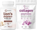 Micro Ingredienti Multi Collagen Protein Powder 16oz & Lions Mane Supplemento 240 Veggie Capsule Bundle 2 Pack | Peptidi di collagene a base di erba | Antiossidanti per funghi superfood con L-Ergothione