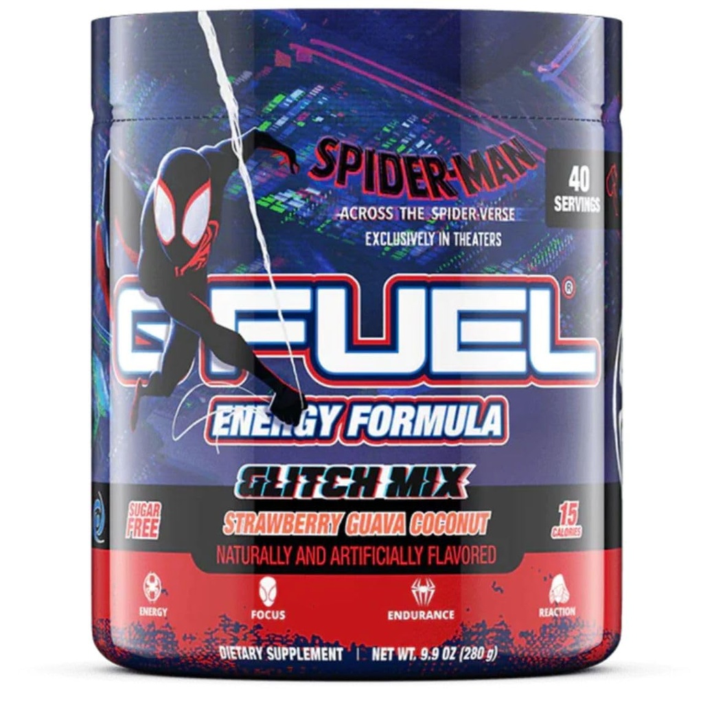 G Fuel Across The Spider-Verse Energy Drink Powder, Pre Cvičenie kofeín Mix pre Gaming, Focus Amino, Vitamín + Antioxidanty, 9.9oz (Jahoda Guava Coconut, 40 Servings)
