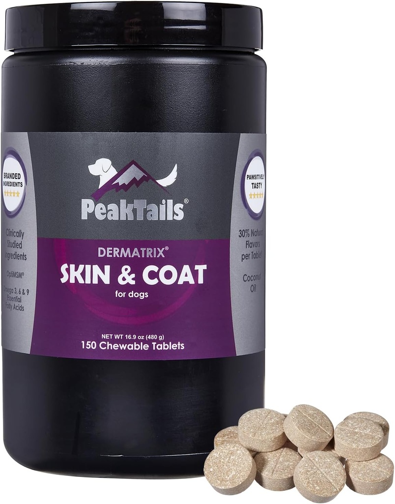 Kala Health PeakTails Skin & Coat Support for Dog - 150 rágótabletta MSM, Fish Oil, Omega3 & Omega- 6 - Támogatja az egészséges bőr, csillogó kabát
