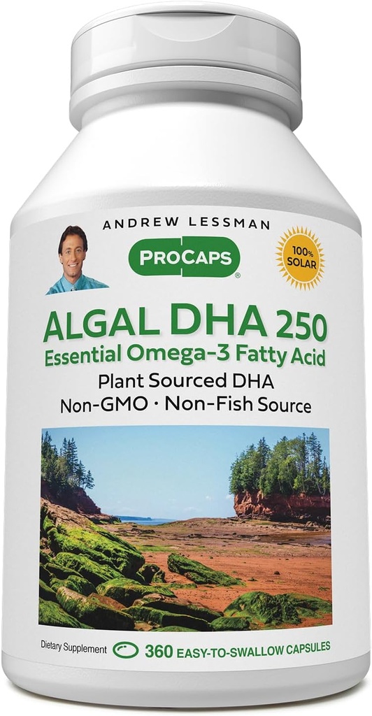 ANDREW LESSMAN Algal DHA 250mg 360 Softgels - Plant-Based Omega-3 Oils, Natural Marine Algae, High DHA, Non-GMO, High Potency, No Stomach Upset, No Fishy Aftertaste. Small Easy to Swallow