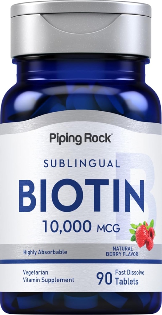 Piping Rock Biotin 10000mcg Fast Dissolve Tablets ← 90 Conde  Berry Flavor Píldoras sublinguales ← Max Strength and High Absorption ← Vegetarian, Non-GMO, Gluten Free Supplement