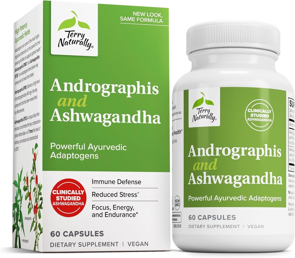 Terry Naturalmente Andrographis y Ashwagandha - Immune System Support Supplement - Support Energy & Healthy Stress Response - Energy Support Supplement - 60 Capsules (60 Servings)