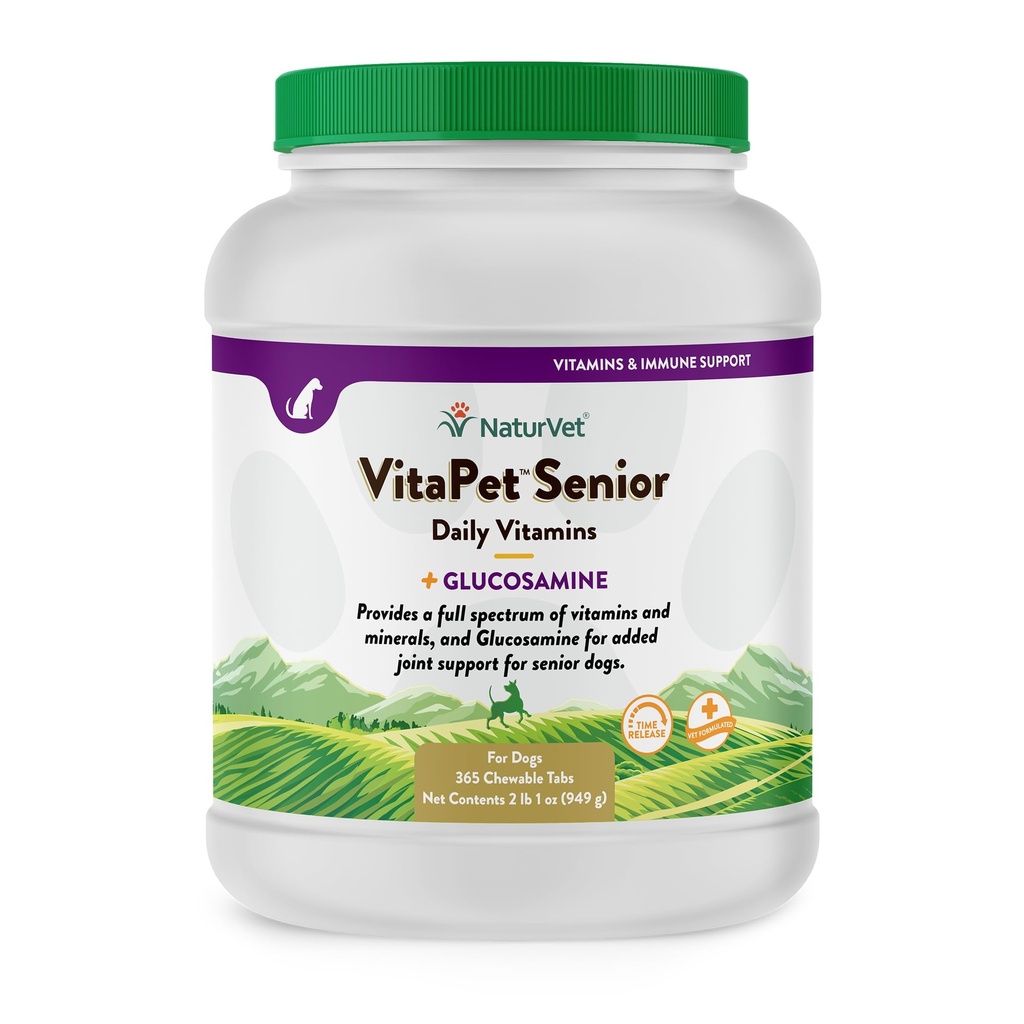 NaturVet VitaPet Senior Daily Vitamin Dog Supplements - 365 Ct | Full Spectrum of Vitamins & Minerals, Enhanced with Glucosamine for Added Joint Support, 365 Time Release Tablets
