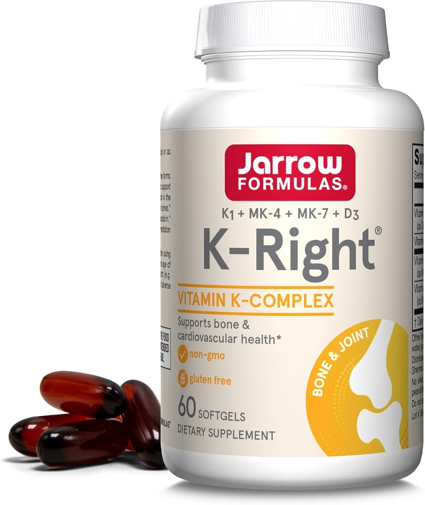 Jarrow Formuly K-Right - Vitamín K-Complex (K1, MK-4, MK-7, D3) - 60 Slúži (Softgels) - Dietary Supplement for Bone & Cardiovaskulárne Health Support - Vitamín K2 MK-7 - bez lepidla