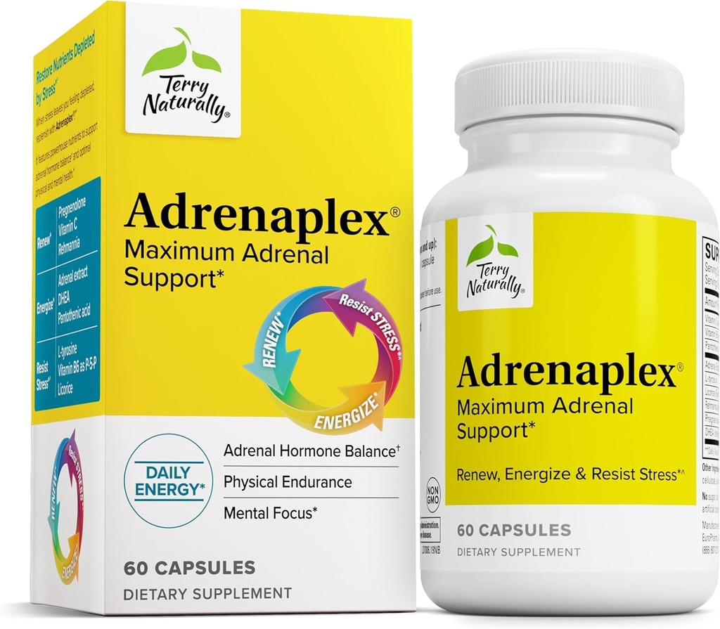 Terry Naturally Adrenaplex - Adrenal Gland Function Supplement - Glandular Support Supplement with Vitamins C & B6 - Dietary Supplement to Support Healthy Adrenal Function - 60 Capsules