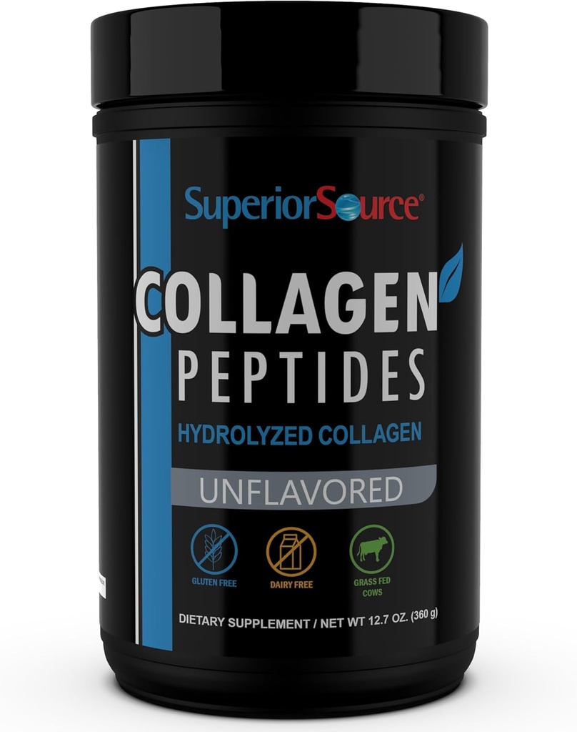 Superior Source Collagen Peptides Hydrolyzed Collagen - from Grass-Fed Cows - Superior Sovered Hair, Skin, Nails, Ligaments & Tendon - Free & Dairy- Free - Unflafected, 12.7 oz